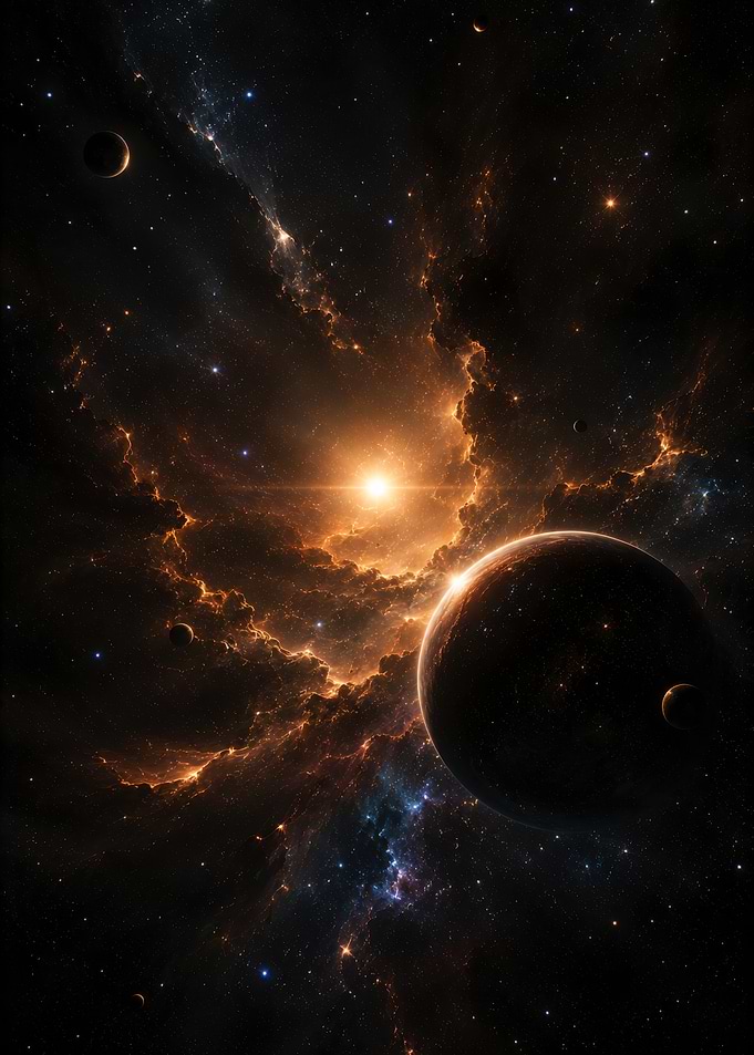 Cosmic Nebula with Planets and Star