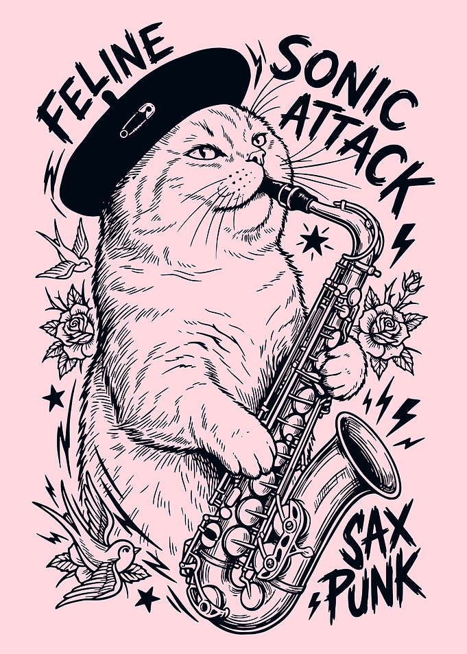 Cat Playing Saxophone Punk Style