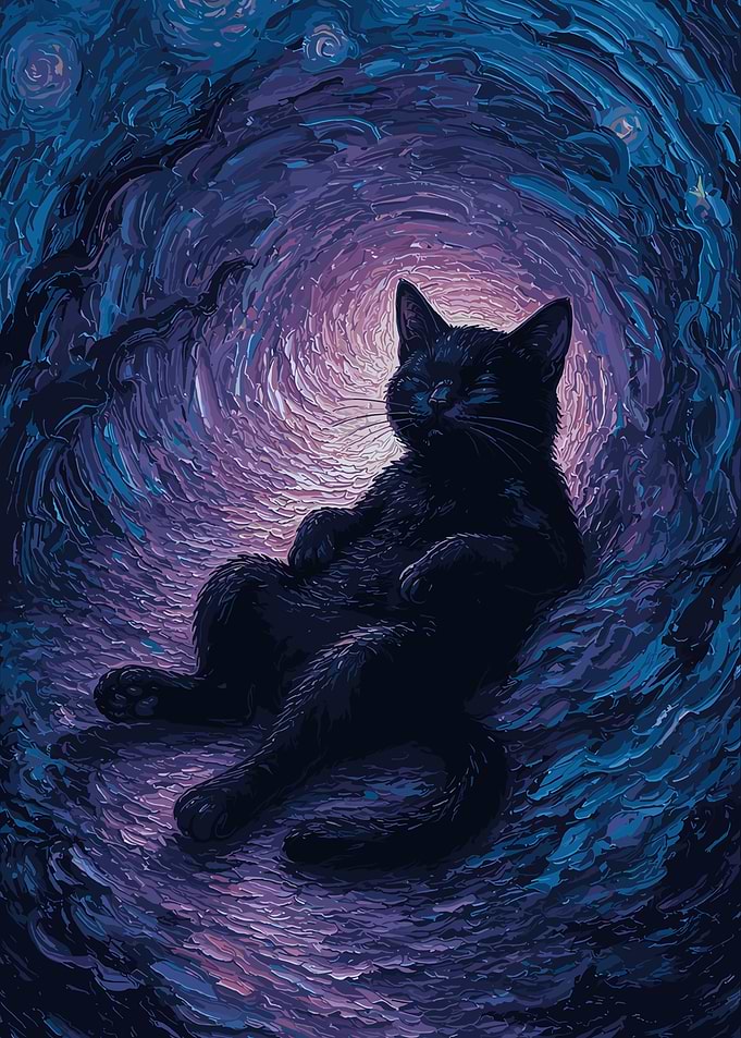 Black Cat in Starry Night Style