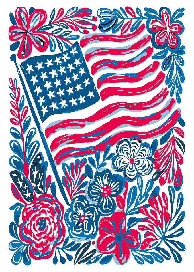 Patriotic American Flag Poster, Floral USA Wall Art, Red White Blue Summer Print