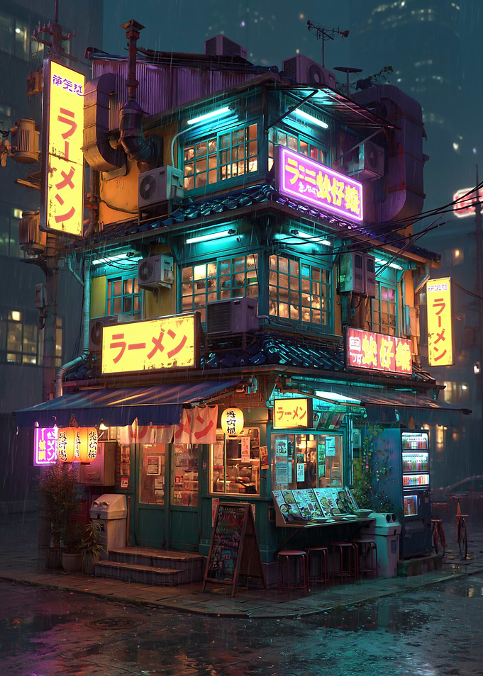 Cyberpunk Ramen Shop at Night