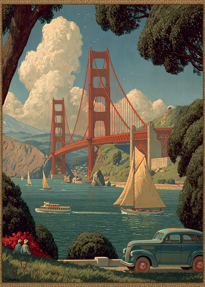 Golden Gate Bridge with Sailboats and Vintage Car