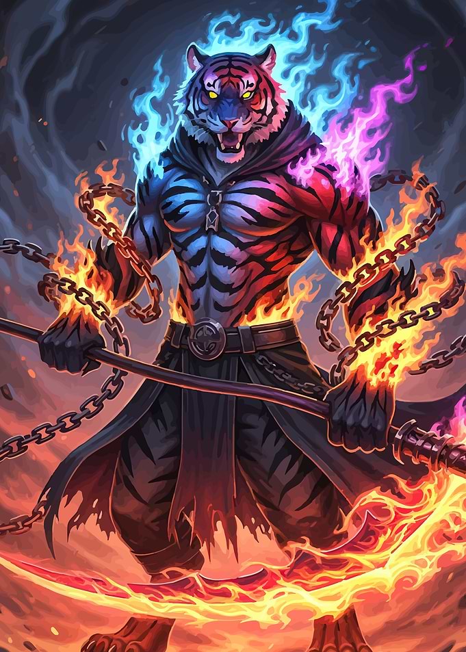 Fiery Tiger Warrior with Chains