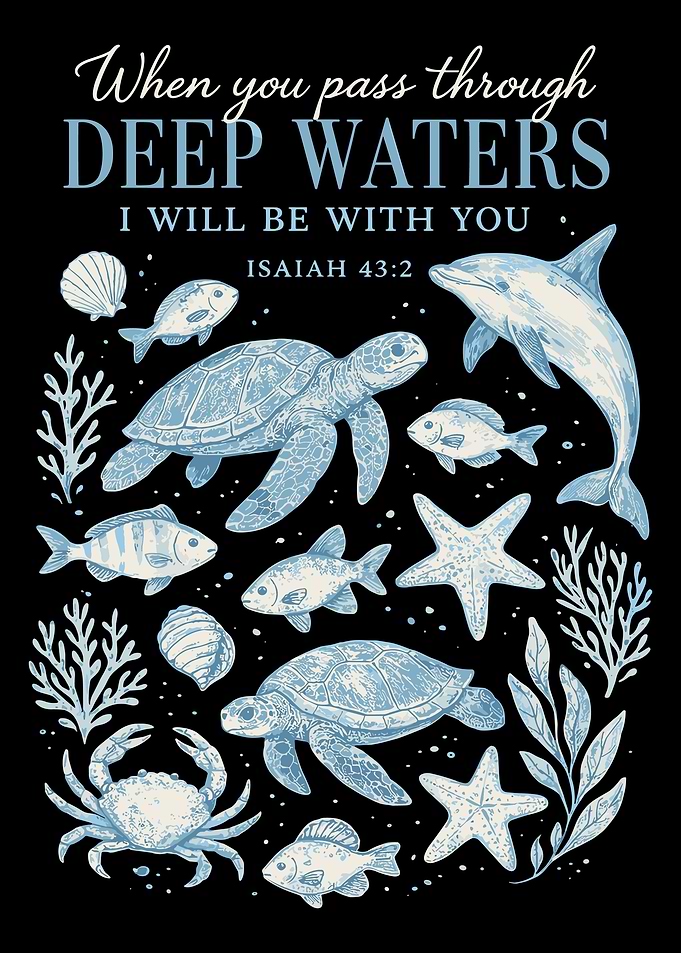 Deep Waters Scripture Poster, Ocean Marine Life Wall Art, Isaiah 43 2 Inspirational Print