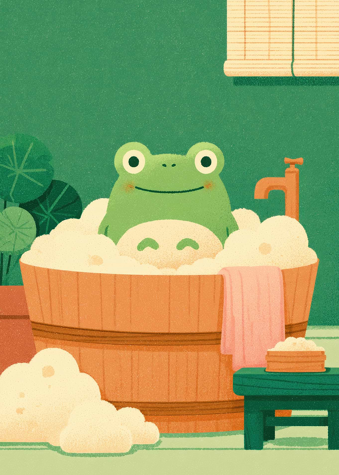 Cute Frog Bathing in Bubbles
