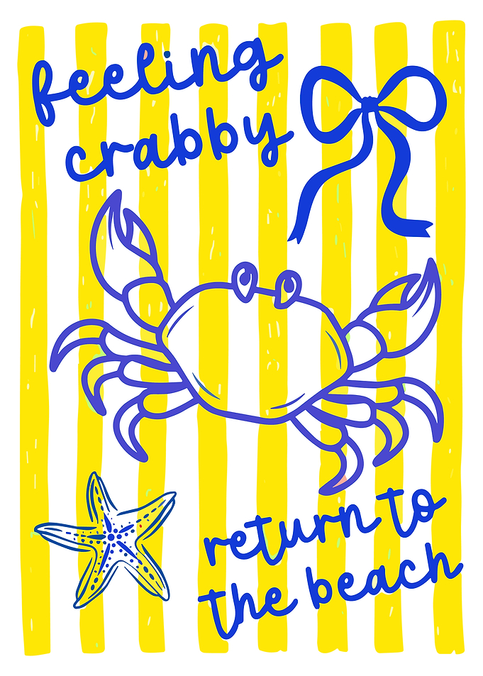 Feeling Crabby Poster, Summer Beach Wall Art, Cute Coastal Crab Starfish Print