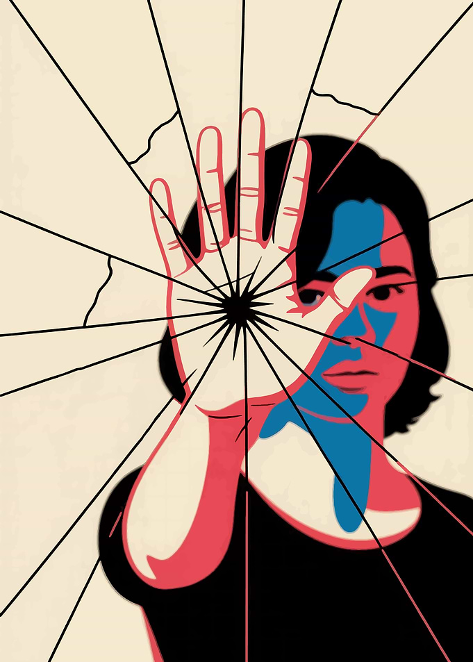 Woman's hand blocking view with cracked glass effect