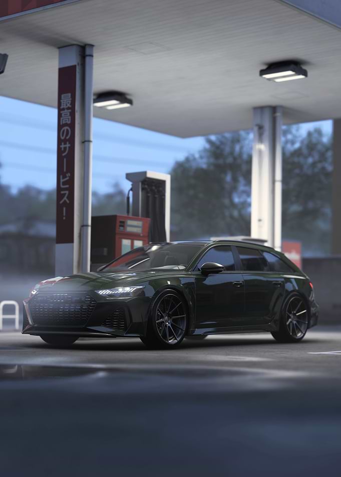 Dark Green Audi RS6 at Gas Station in Japan Tokyo
