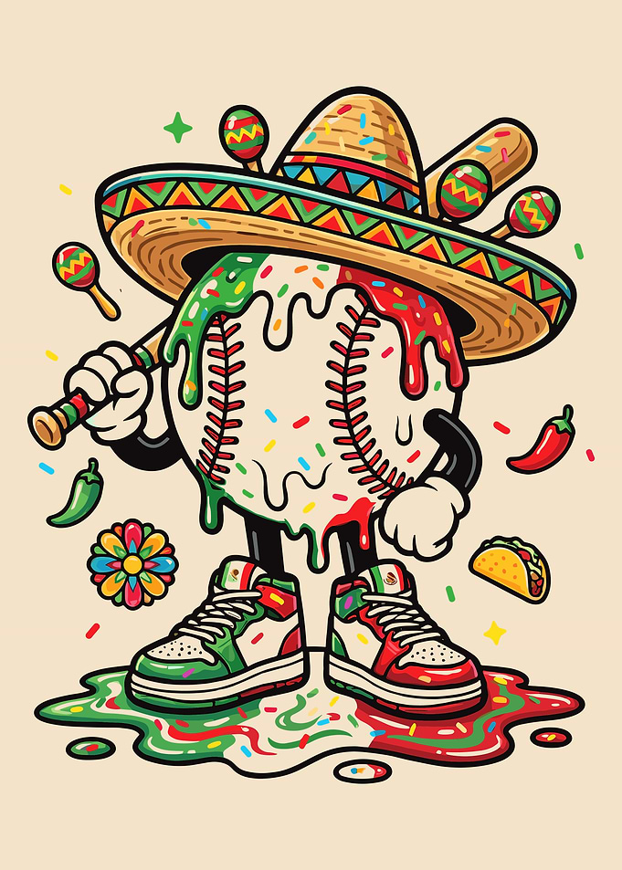 Funny Mexican Baseball Character – Cinco de Mayo Cartoon Fiesta Poster