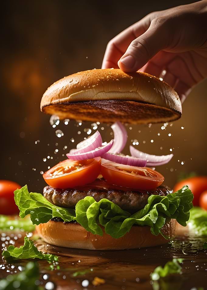 Deconstructed Burger with Water Droplets