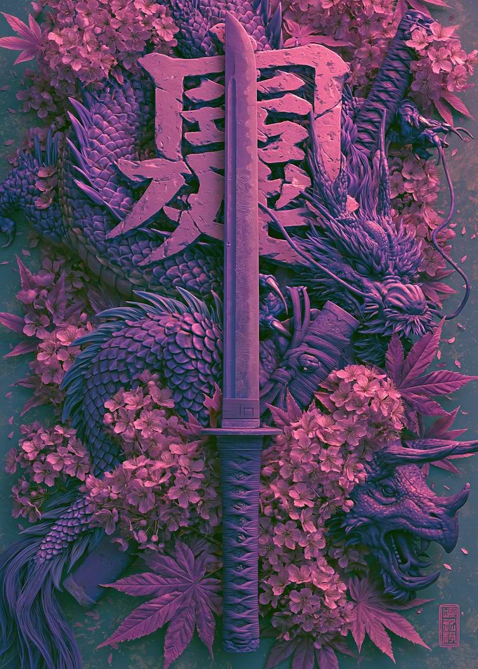 Samurai Sword Dragon Cherry Blossoms