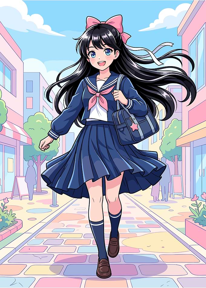 Anime Schoolgirl Walking in City