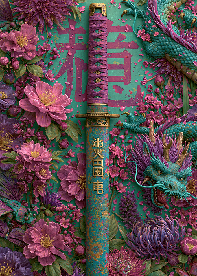 Dragon and Katana with Flowers