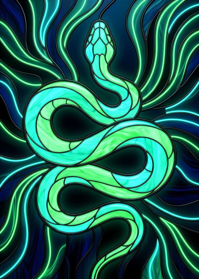 Stained Glass Snake with Neon Flames