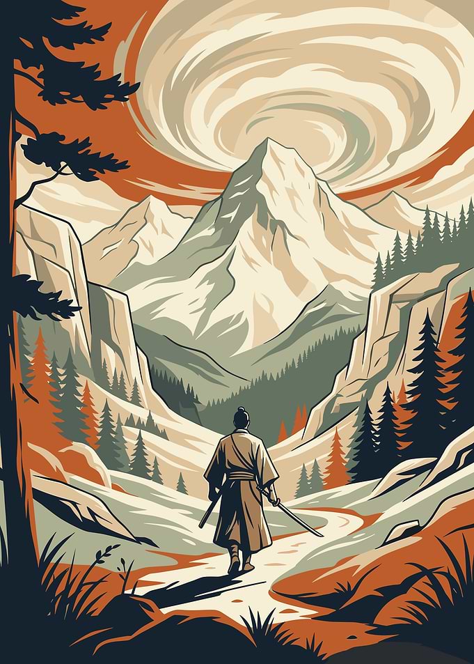 Samurai walking towards mountains