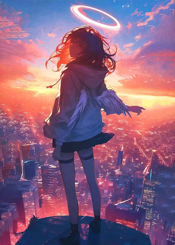 Angel overlooking a city at sunset