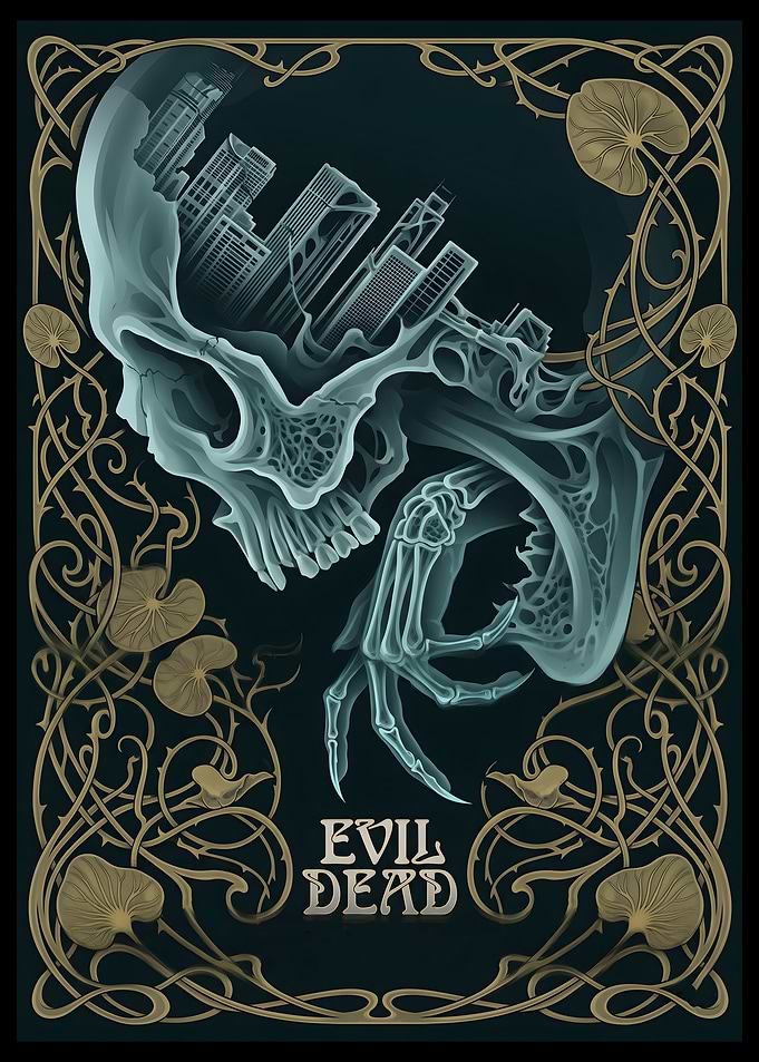 Evil Dead Rise Skull Cityscape Art