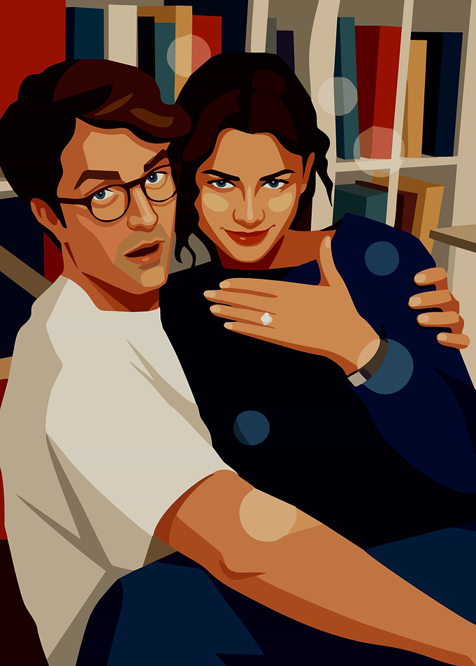 Couple Posing in Front of Bookshelves