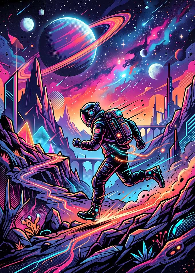 Astronaut running on alien planet