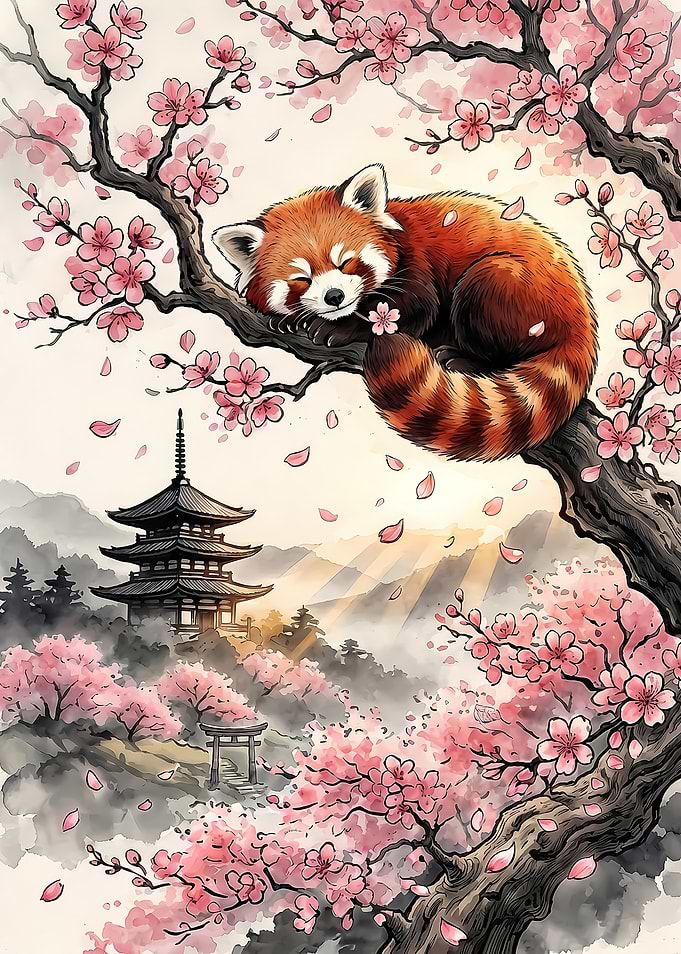Peaceful Red Panda - Japanese Sakura & Pagoda Art