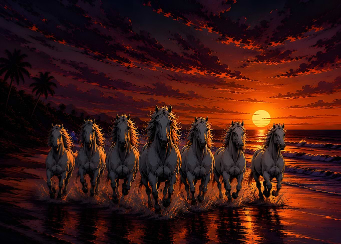 7 Horses running on a beach at sunset
