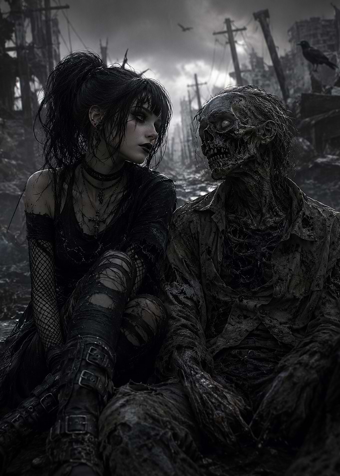 Goth Girl and Zombie in Ruins