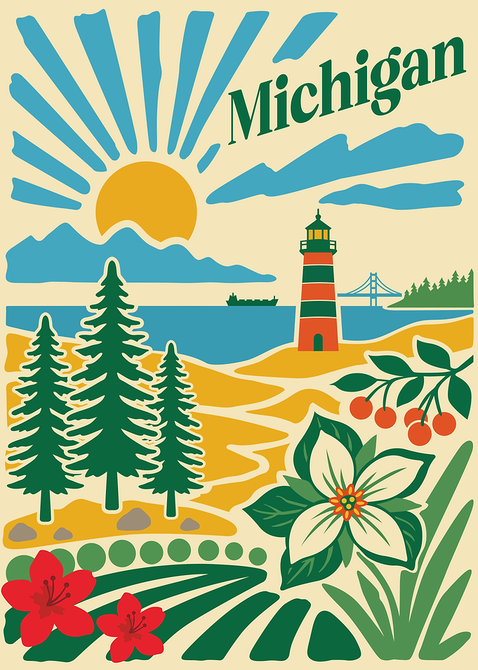 Michigan Landscape with Lighthouse and Sun
