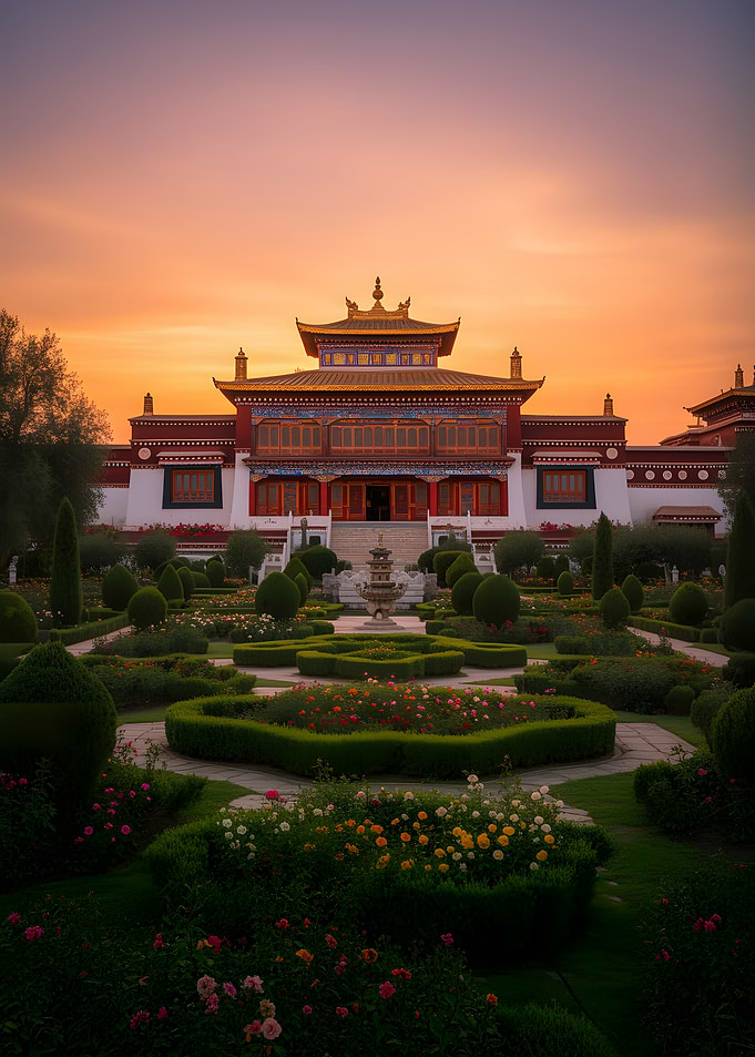 Tibetan Monastery Garden at Sunset