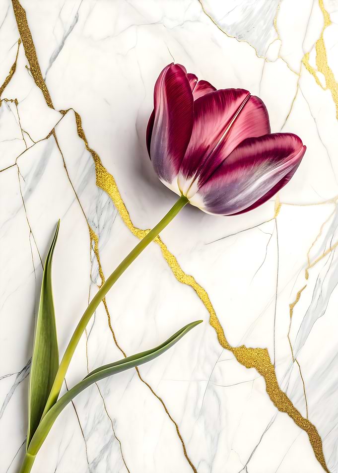 Elegant Tulip: Purple White Bloom on Marble Gold Veins
