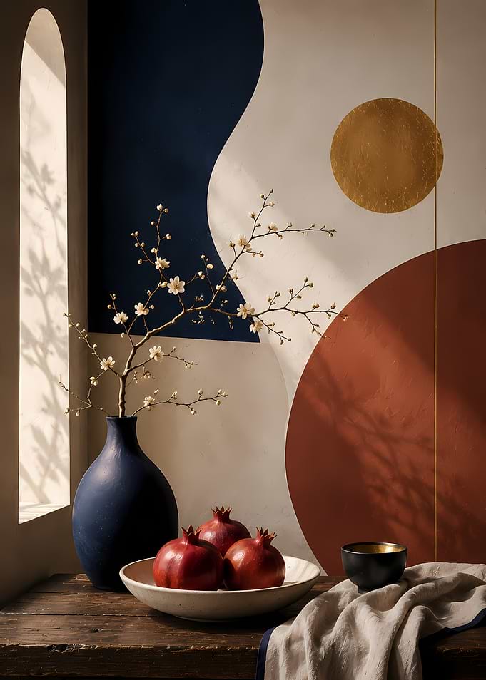 Still life with pomegranates and flowers