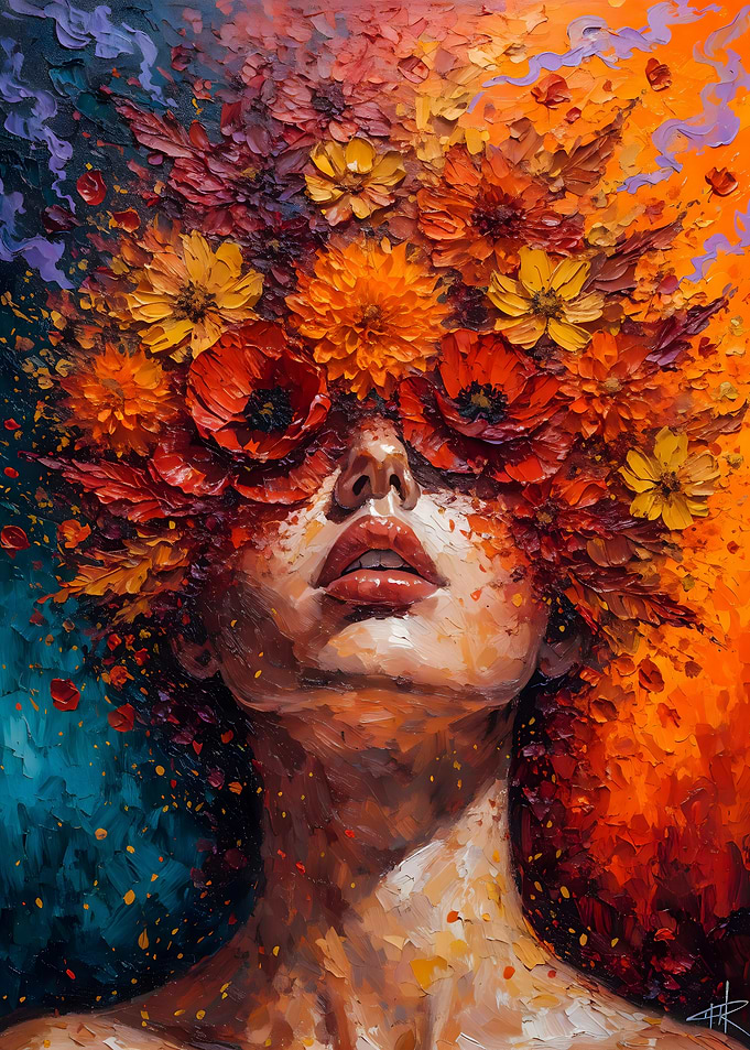 Fiery Floral Crown: Woman with a Vibrant Wildflowers