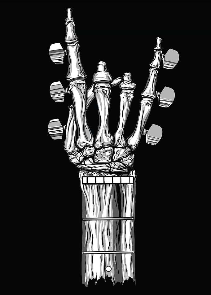 Skeleton Hand Rock Gesture on Guitar Neck