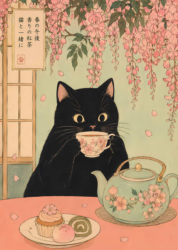 Black Cat Tea Time with Cherry Blossoms