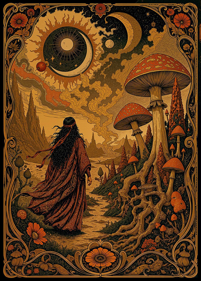 Psychedelic Mushroom Landscape with Celestial Bodies