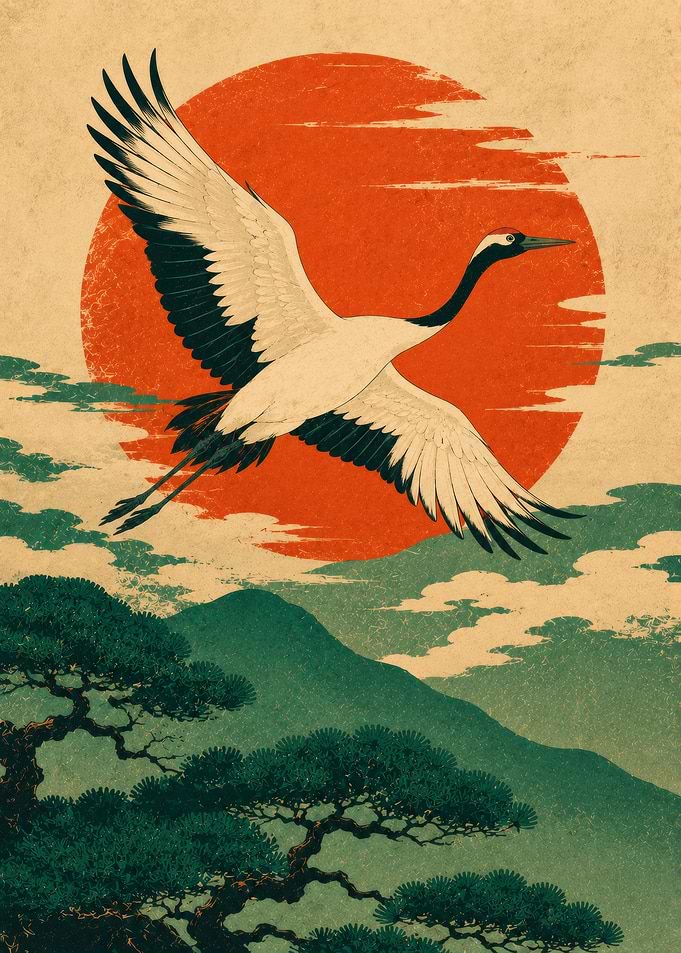 Crane flying over mountains at sunrise