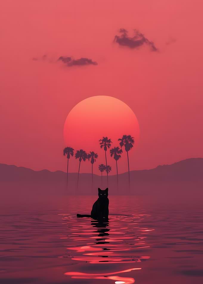 Black Cat in Water at Sunset