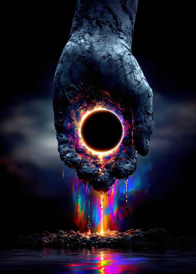 Hand holding a cosmic eclipse