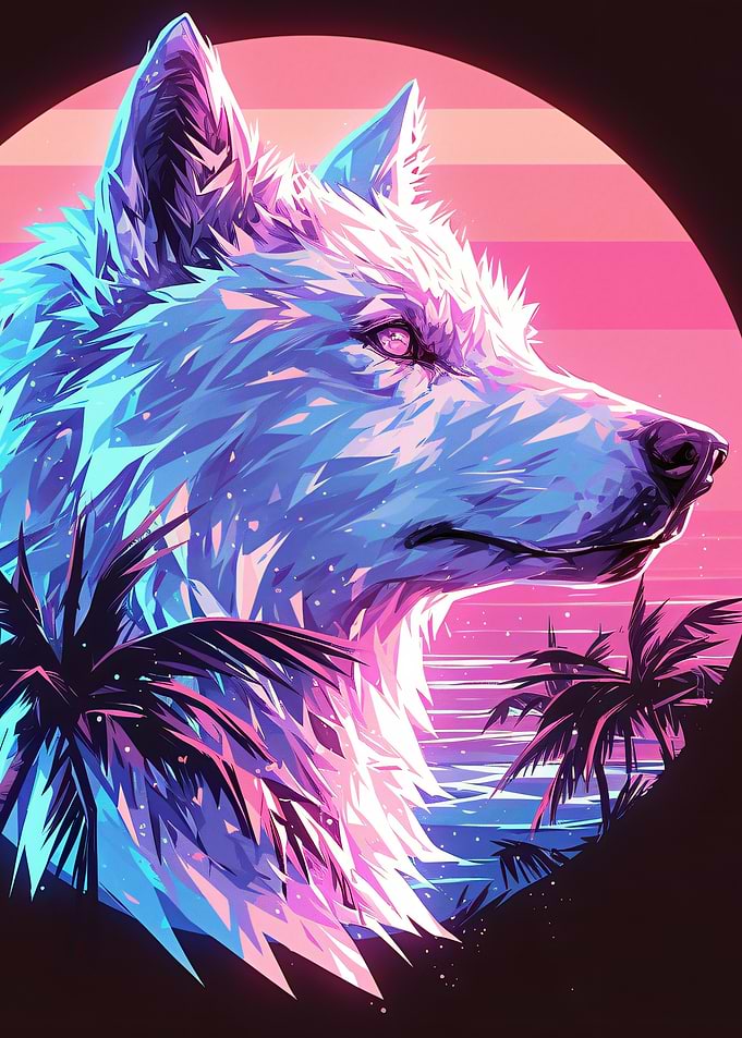 Retro Wolf Sunset Palm Trees