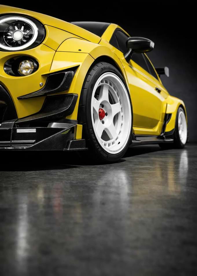 Yellow sports car with custom wheels