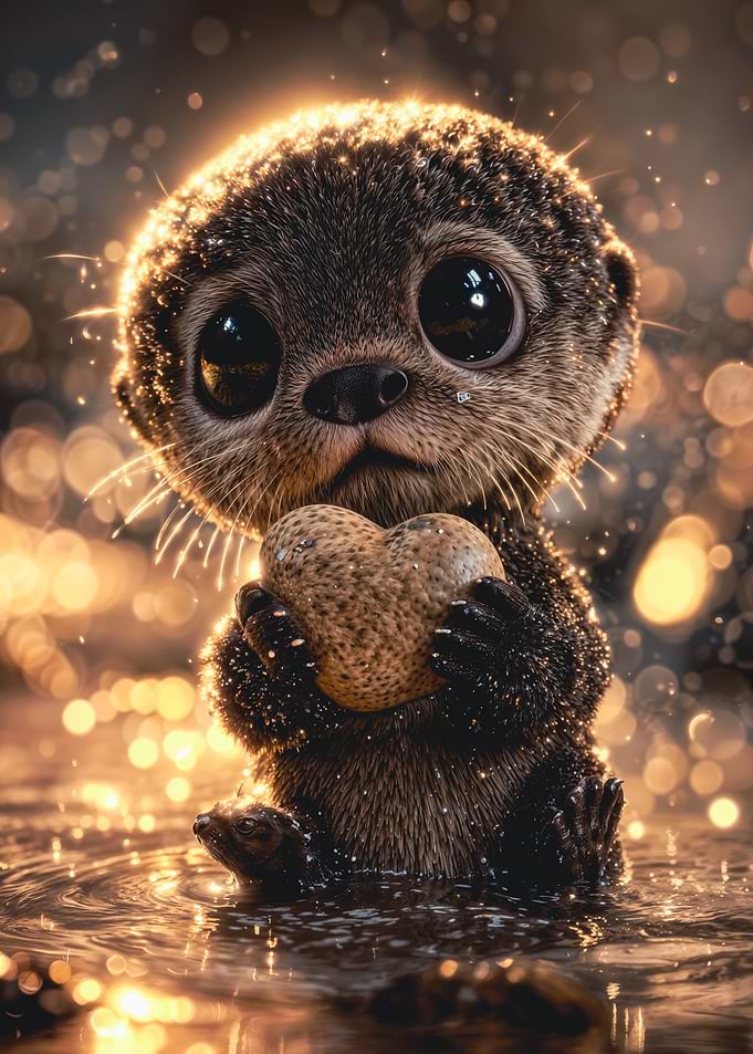 Cute Baby Otter Holding Heart Stone