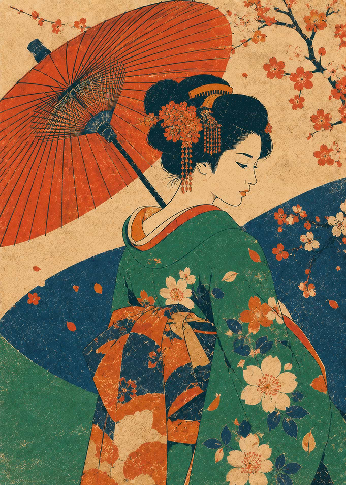 Geisha with Umbrella and Cherry Blossoms