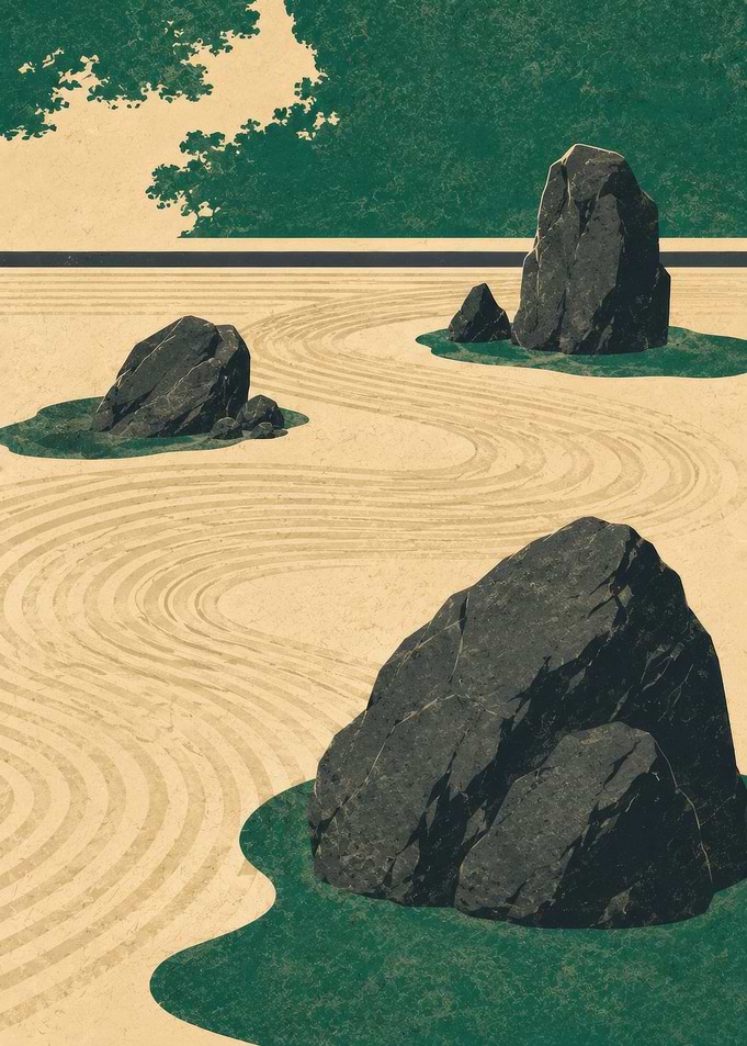 Zen Garden with Rocks and Raked Sand