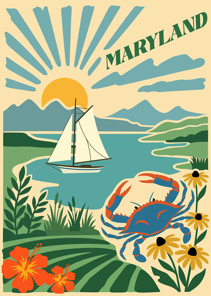 Maryland Landscape with Crab and Sailboat