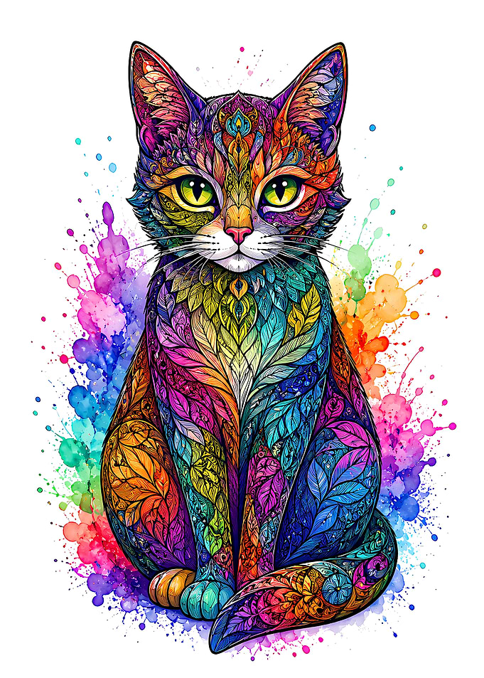 Colorful Cat with Floral Patterns