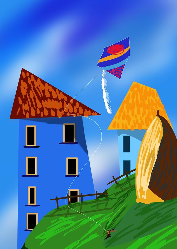 Child flying a kite in a stylized village