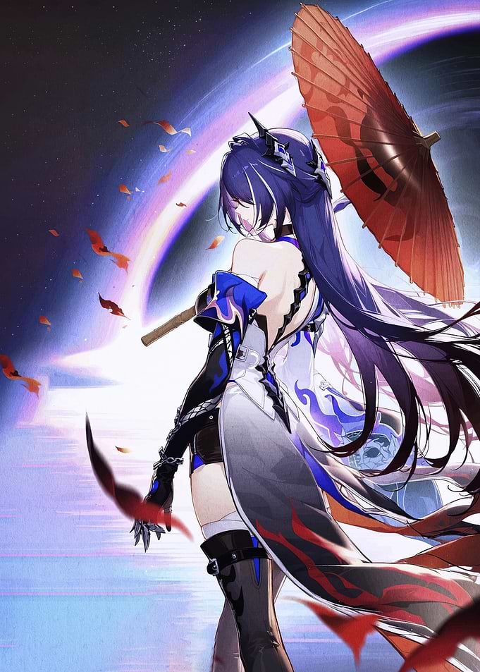 Anime Girl with Umbrella and Cosmic Background