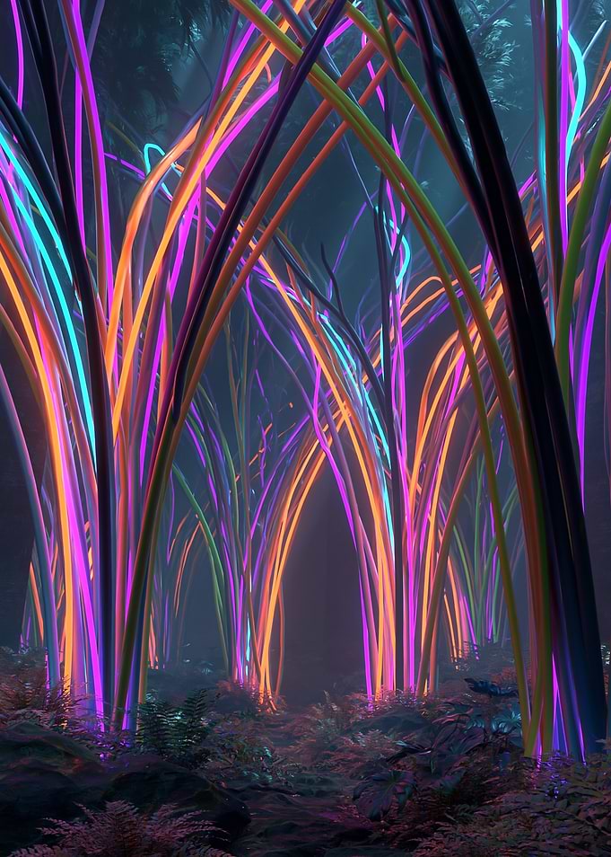 Neon Forest with Glowing Arches