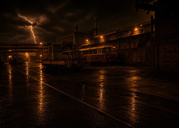 Stormy Industrial Train Yard