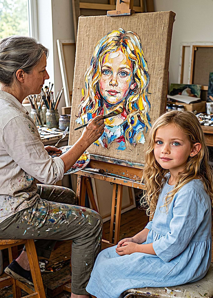 Artist painting a portrait of a young girl
