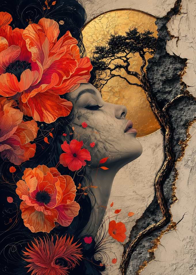Woman with Flowers and Golden Moon